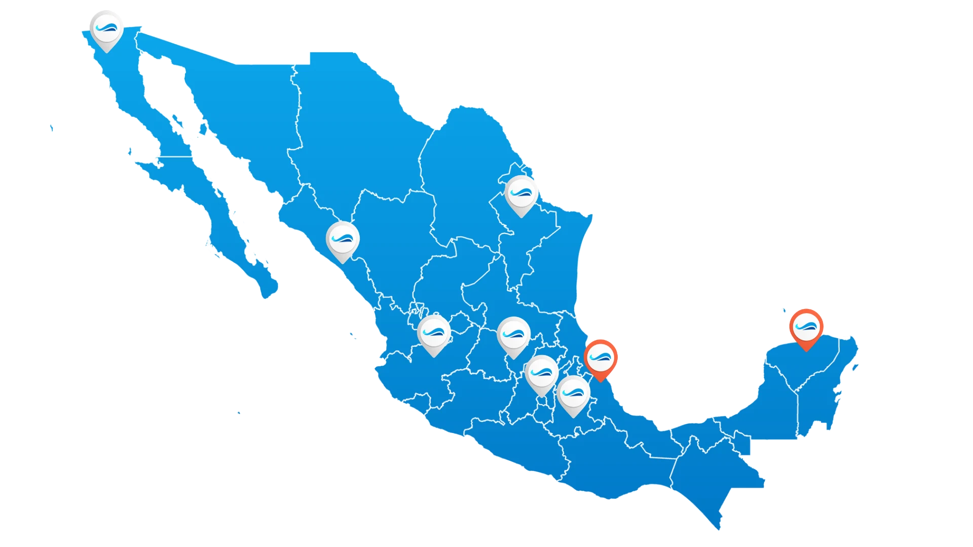 Mapa de México con las ubicaciones operativas de WaveMark
